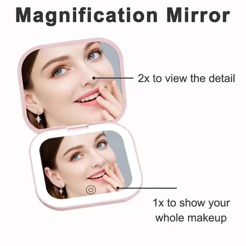 LED Compact Mirror 1X/2X Magnification Portable Folding Travel Makeup