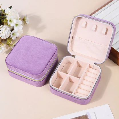 Velvet Travel Jewelry Box - Portable Square Organizer with Zipper