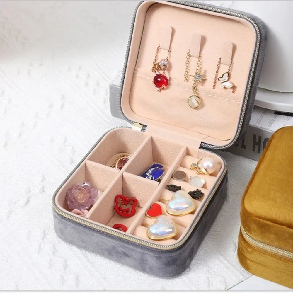 Velvet Travel Jewelry Box - Portable Square Organizer with Zipper