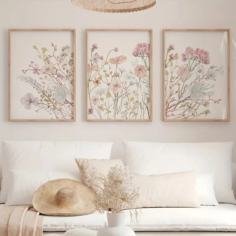 3pc Pink Watercolor Floral Canvas Wall Art Set - Bedroom Decor