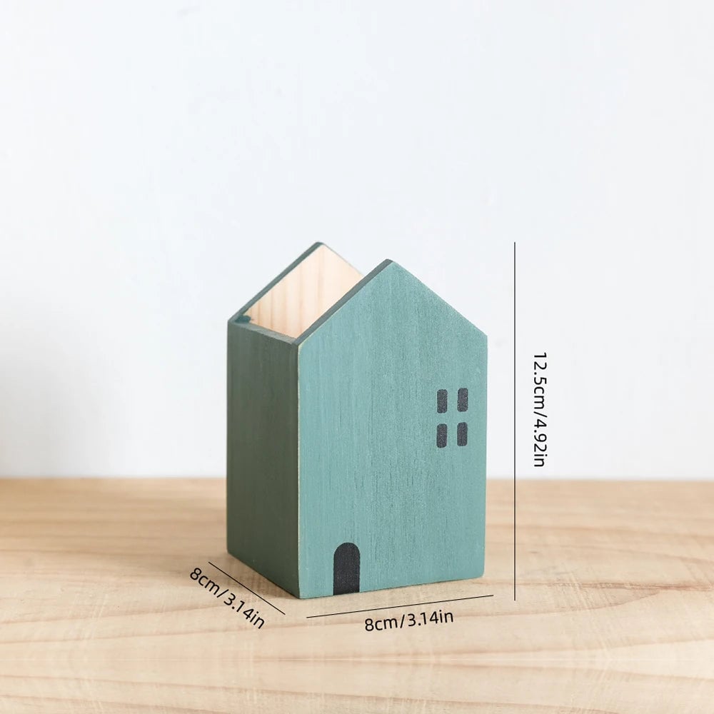 Cartoon House Wooden Pen Holder Desktop Storage Organiser Container