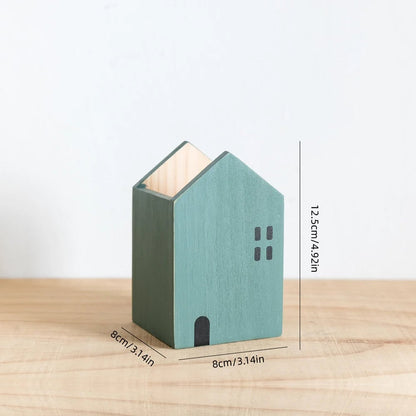 Cartoon House Wooden Pen Holder Desktop Storage Organiser Container