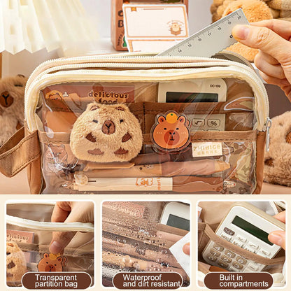 Layered Capybara Canvas Pencil Case Set - Multi-Compartment with Doll