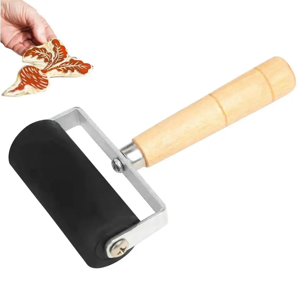 Rubber Roller Craft Tool - Wooden Handle Paint Roller for Printing