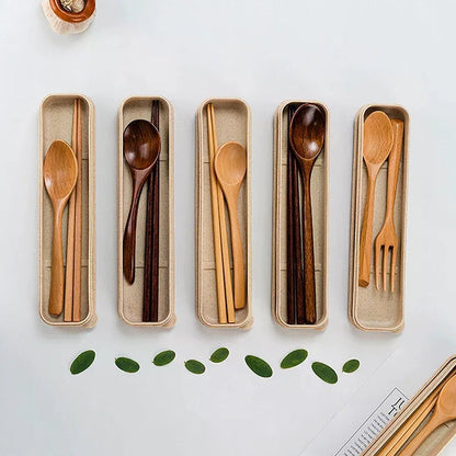 3-Piece Natural Wooden Cutlery Set - Spoon Fork Chopsticks With Box
