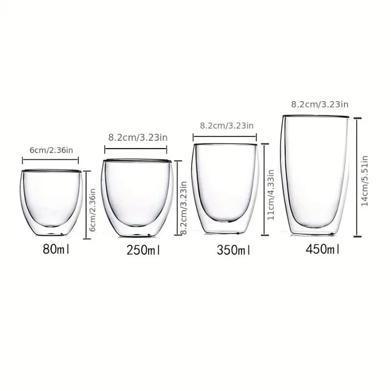 Double-Wall Insulated Clear Glass Espresso Cups 80/250/450ml Set