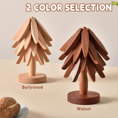 Tree Shape Wooden Trivet Set 4 Foldable Hot Dish Stands Heat Resistant