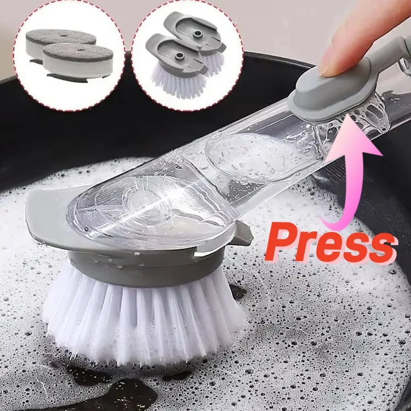 Soap Dispensing Kitchen Sponge Brush Long Handle Press Type Scrubber