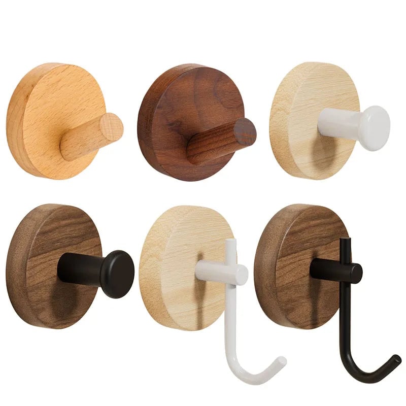 Self-Adhesive Natural Wood Wall Hooks - Modern Coat Hat Key Hanger