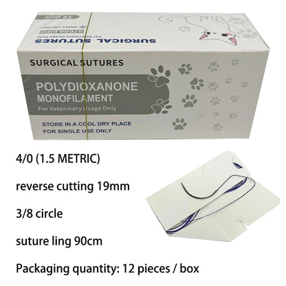 12pcs Pet PDO Sutures 3/8 Circle 90CM Needle 2/0-5/0 Cat Dog Surgery