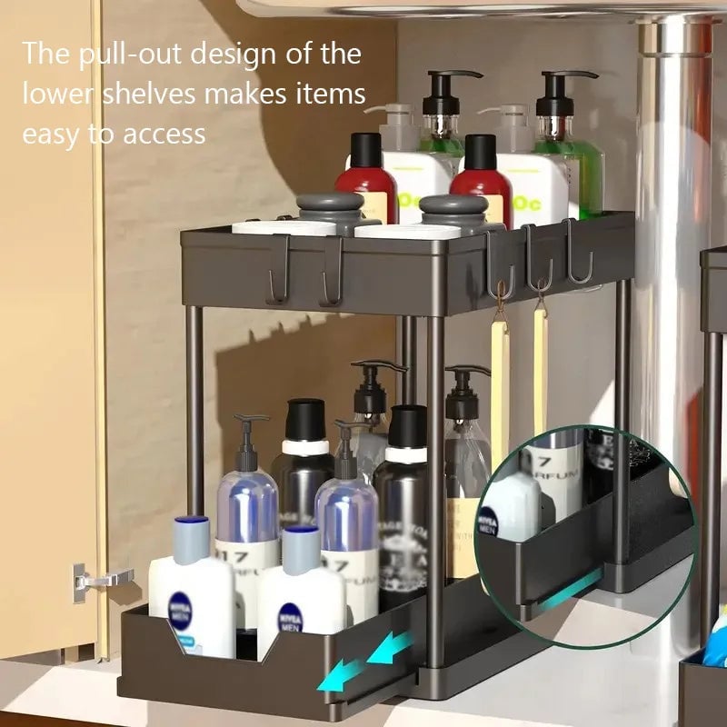 2-Tier Pull Out Cabinet Organizer with Hooks - Kitchen Bathroom