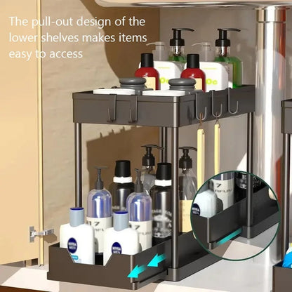 2-Tier Pull Out Cabinet Organizer with Hooks - Kitchen Bathroom
