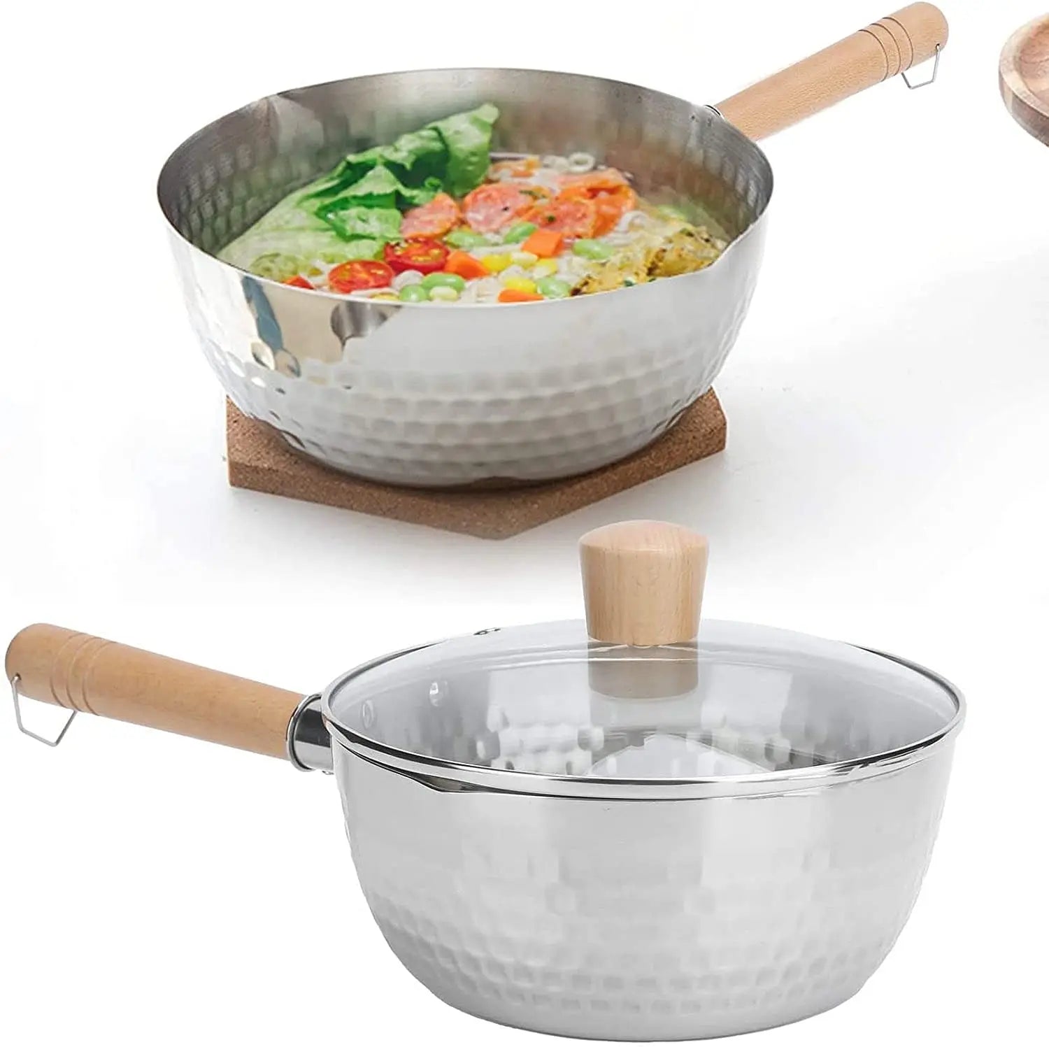 Stainless Steel Saucepan with Lid Wood Handle Pour Spouts 2Qt