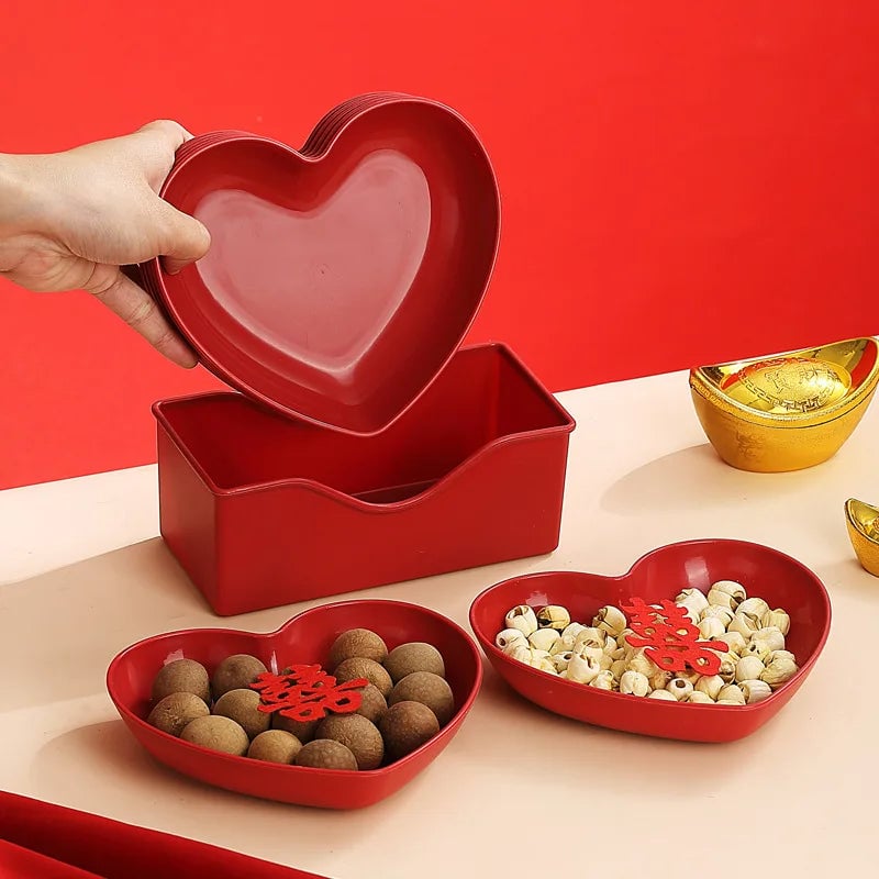 Red Heart Shaped Plates Set - Wedding Festival Cake Snack Serving