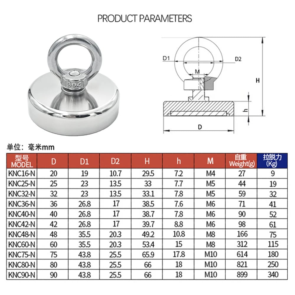 N52 Neodymium Fishing Hook Magnet D16-D42mm Heavy Duty Eyebolt