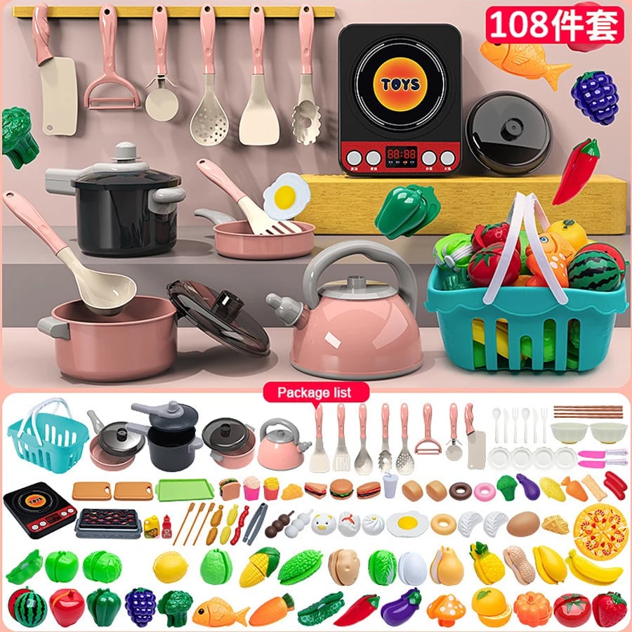 Large Kids Play Kitchen Set - Pretend Cooking Toys with Pots & Food
