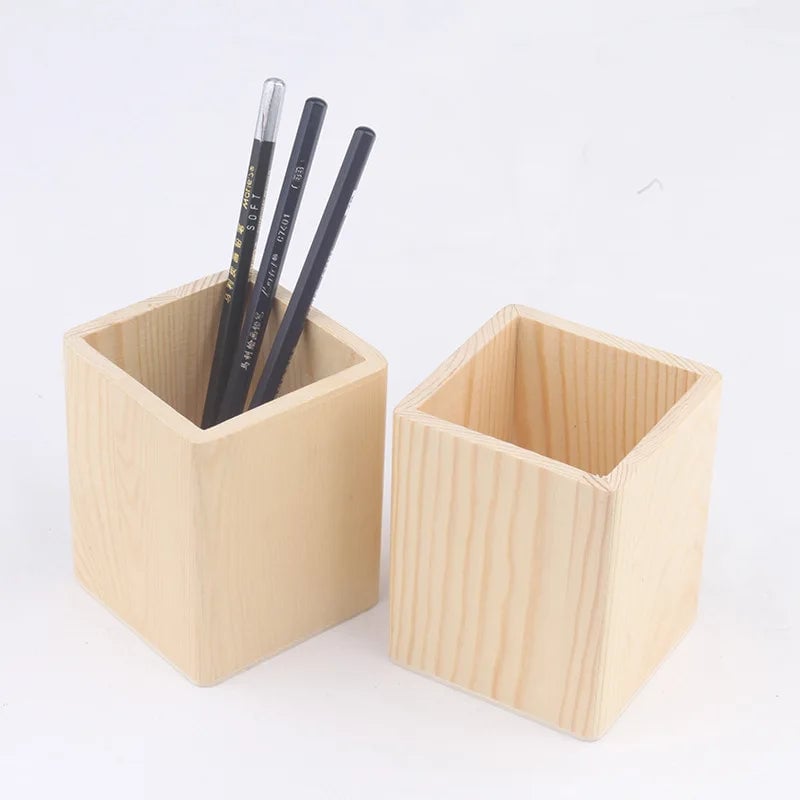 Wood Pencil Holder Desk Organiser Square Round Hexagon Pen Pot Cup