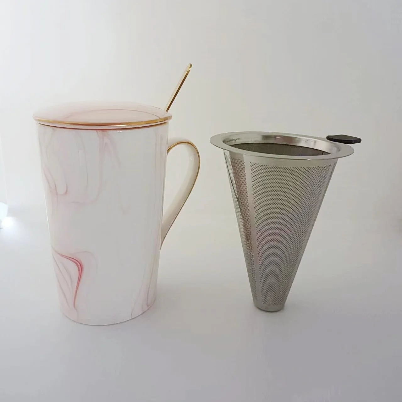 12oz Self Stirring Coffee Mug with Lid Filter Marble Design Spoon