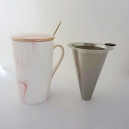 12oz Self Stirring Coffee Mug with Lid Filter Marble Design Spoon