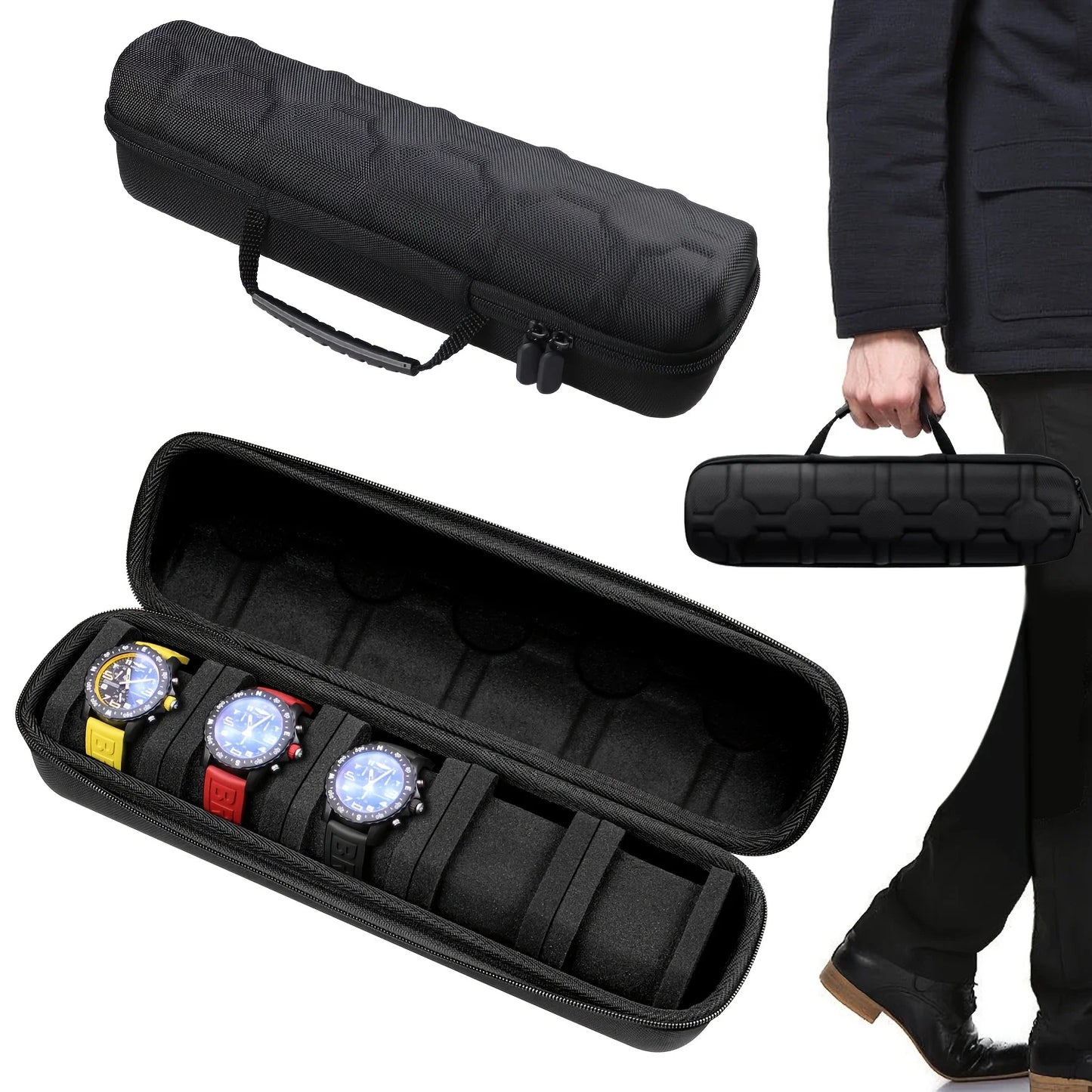 5-Slot Hard Shell Watch Case Travel Organizer Black with Pillows