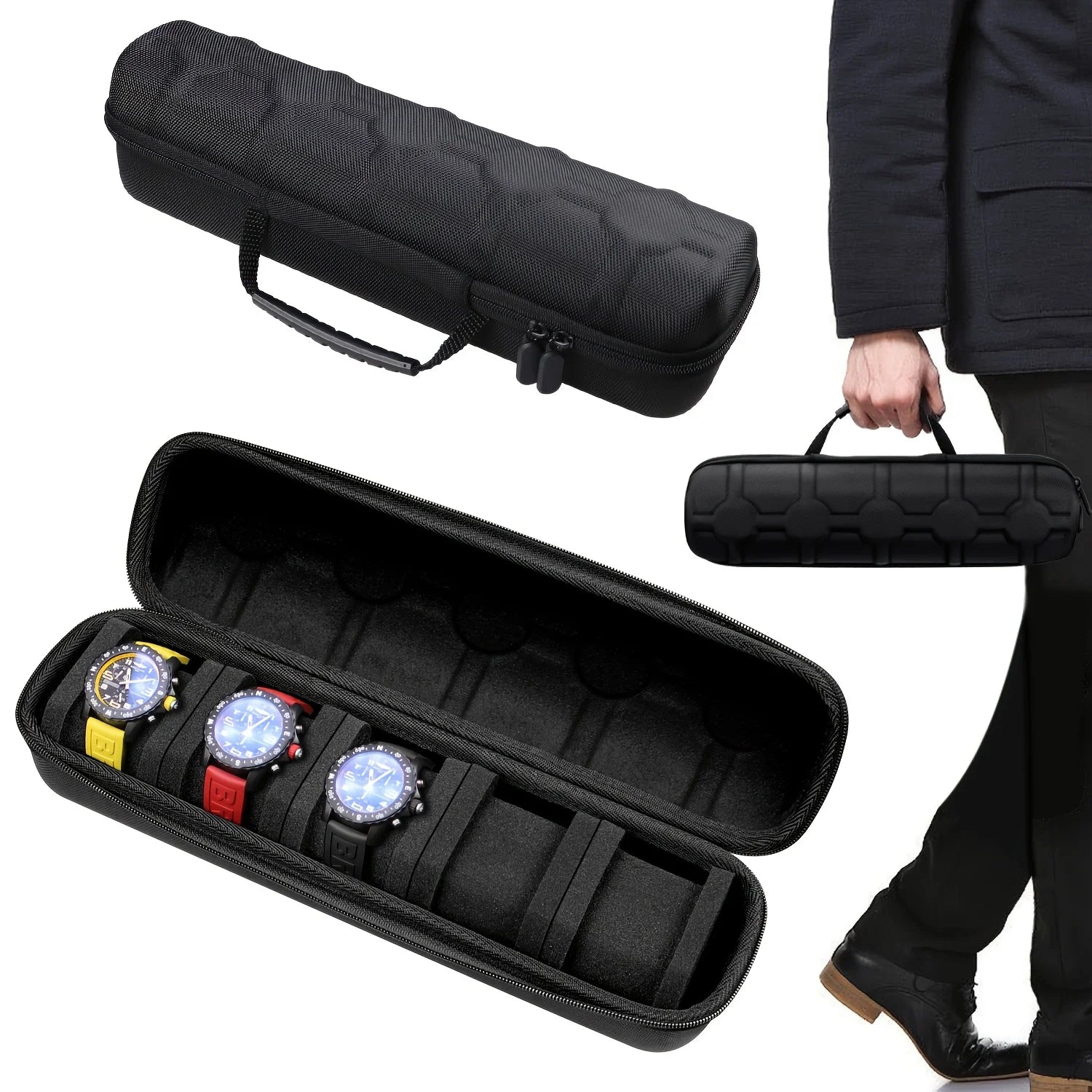 5-Slot Hard Shell Watch Case Travel Organizer Black with Pillows
