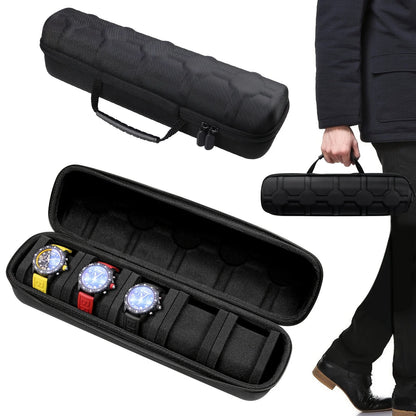 5-Slot Hard Shell Watch Case Travel Organizer Black with Pillows