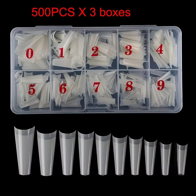 500Pcs French Coffin Nail Tips Acrylic Clear 10 Sizes Storage Box