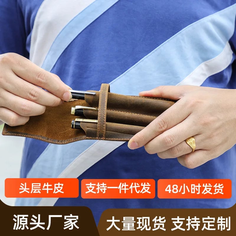 Handmade Cowhide Leather Pencil Case Magnetic Drawer 1/2/3 Slots