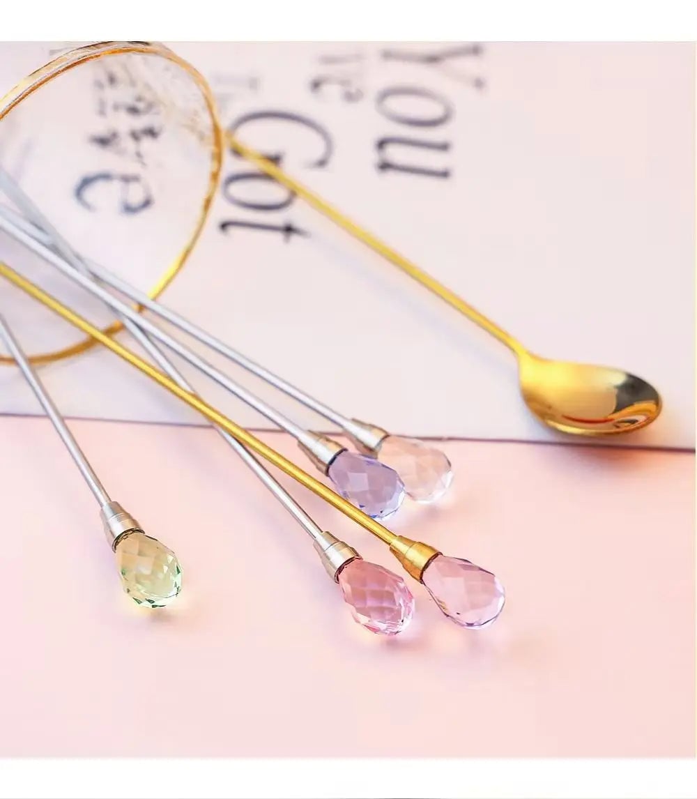 5pcs Diamond Crystal Handle Stainless Steel Teaspoons Stirring Set