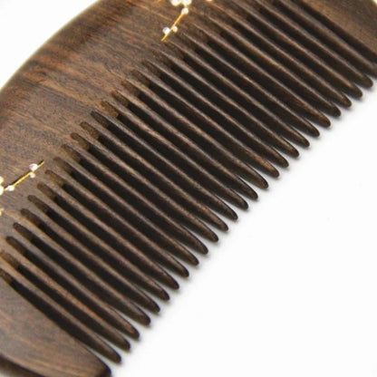 Natural Sandalwood Massage Hair Comb - Gold Plum Branch Design