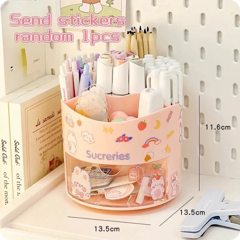 Rotating Desktop Pen Holder with Drawer - Kawaii Stationery Organizer