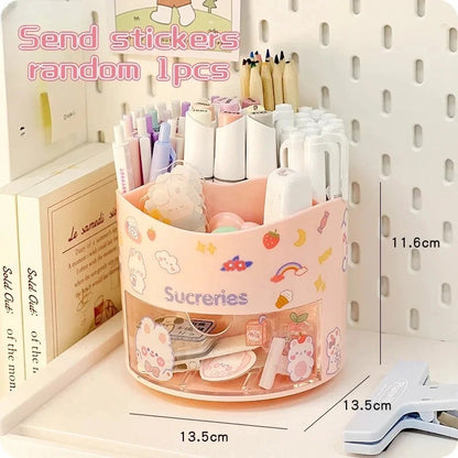 Rotating Desktop Pen Holder with Drawer - Kawaii Stationery Organizer
