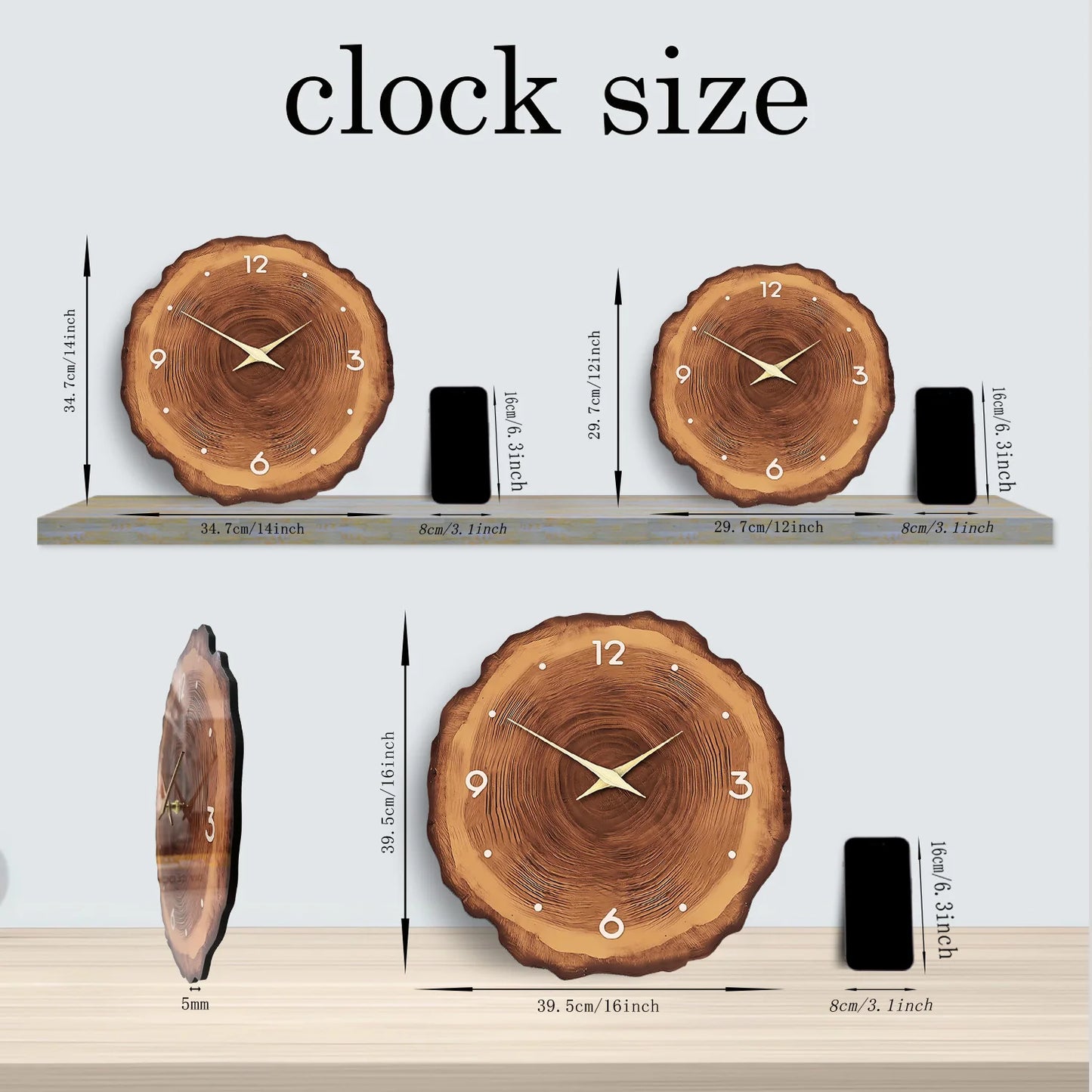 Wooden Ring Veneer Wall Clock - Silent Solid Wood Cross Section