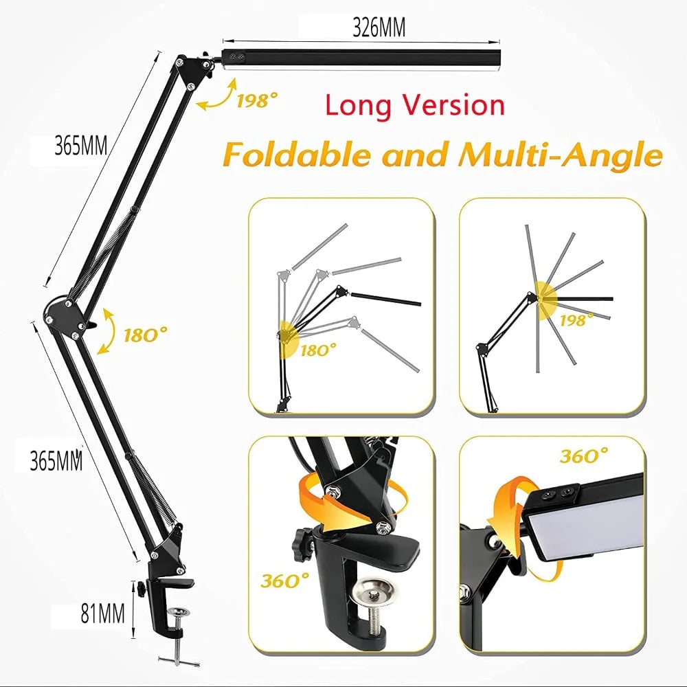 10W LED Clamp Desk Lamp - Swing Arm, 10 Brightness Levels, 3 Modes