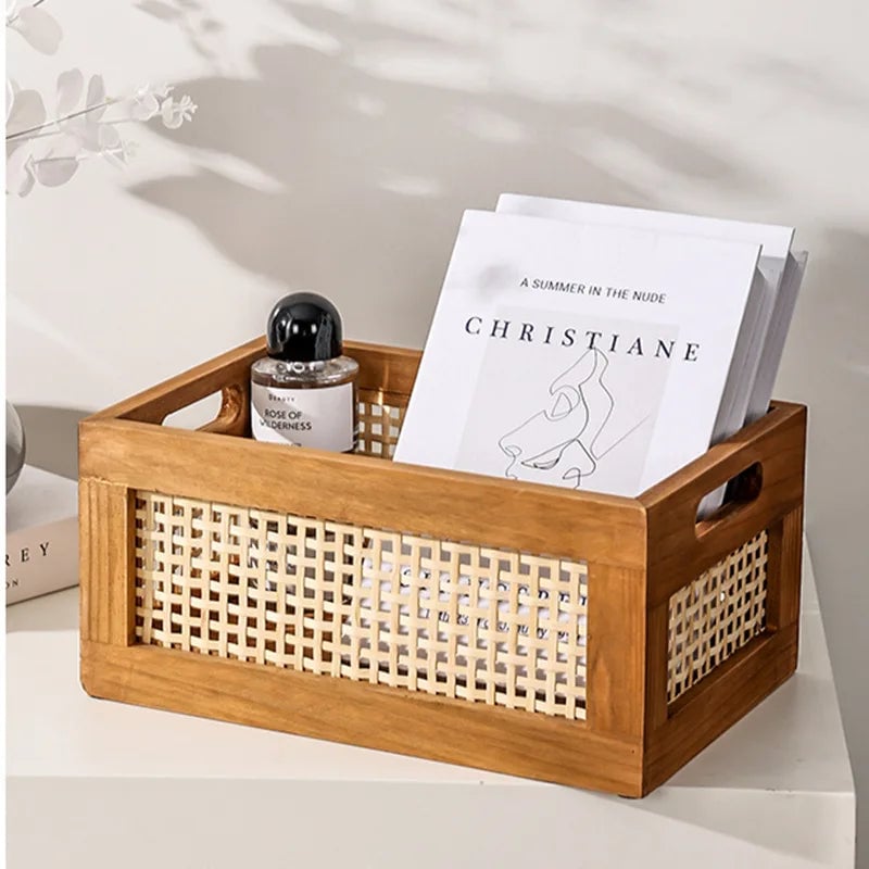 Solid Wood Rattan Storage Basket - Multi-Room Kitchen Bathroom Organizer
