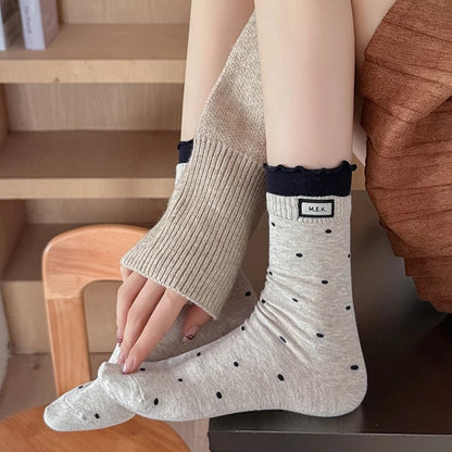 Cotton Frilly Dot Pattern Long Socks - Breathable Preppy Style