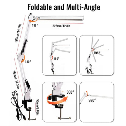 10W LED Clamp Desk Lamp - Adjustable Swing Arm, 3 Modes, 10 Levels
