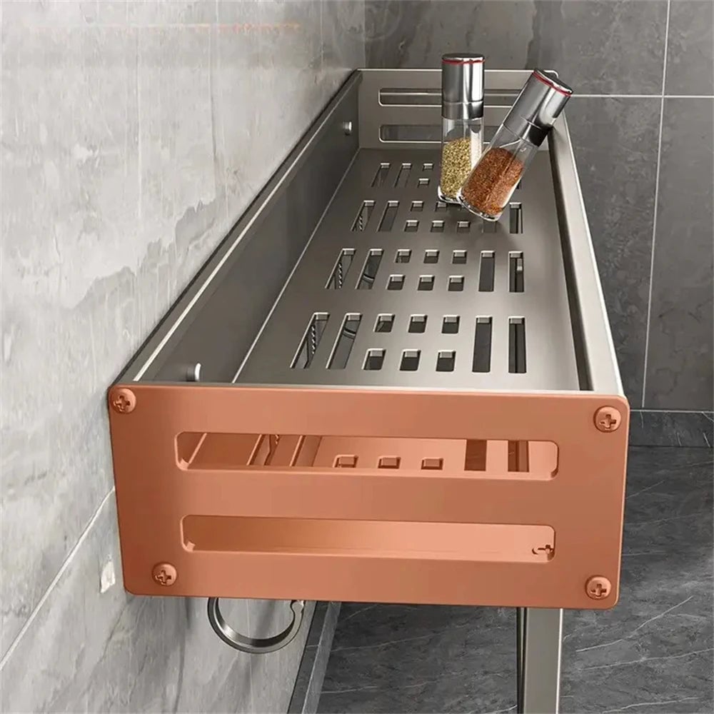 Aluminum Wall-Mounted Spice Rack with Hooks - Kitchen Storage Shelf