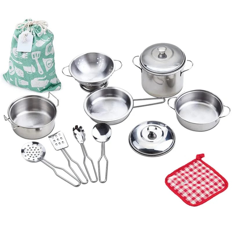 Kids Stainless Steel Cookware Play Set - Pots Pans Kitchen Utensils