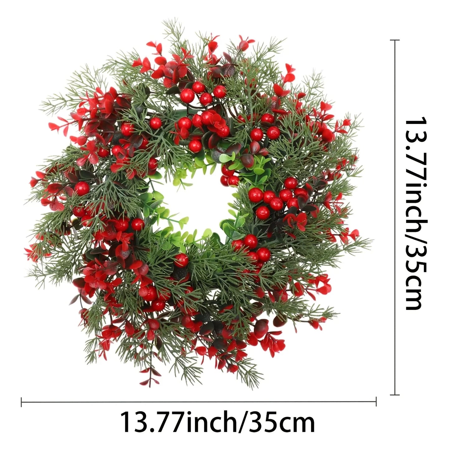 Artificial Christmas Red Berry Wreath Green Leaves Front Door Decor