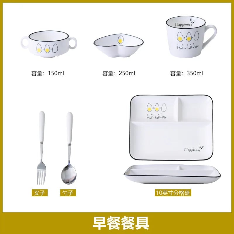 3-Panel Ceramic Divided Plate Cartoon Design Children's Breakfast