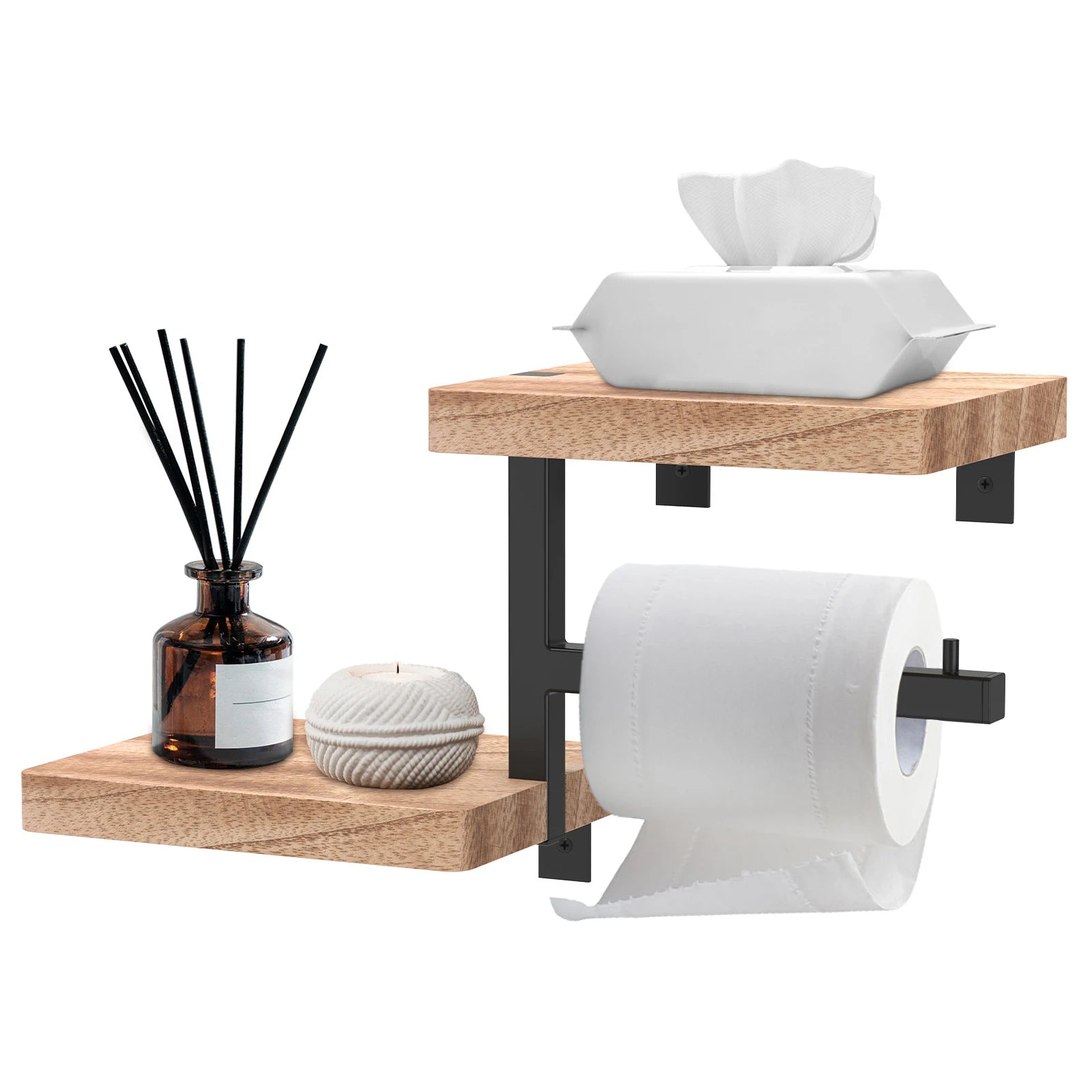 Wall Mounted Wooden Toilet Paper Holder with Storage Shelf