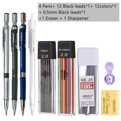 2.0mm Mechanical Pencil Set 2B Lead Refills Drawing Sketching Art