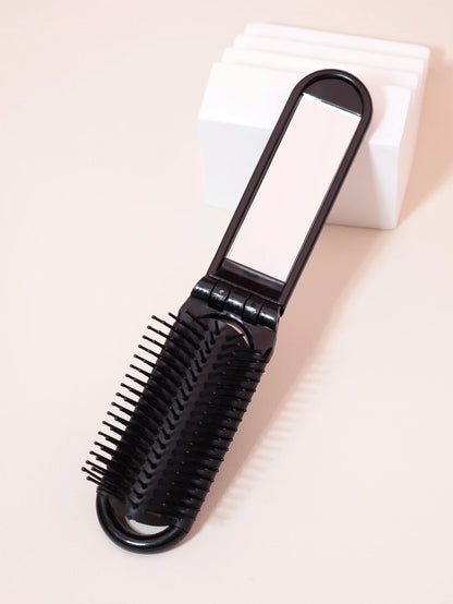 Folding Travel Mirror Hair Brush - Portable Mini Massage Wig Brush