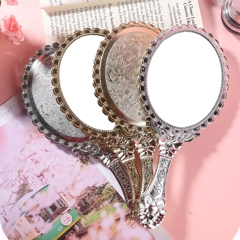 Vintage Oval Round Handheld Makeup Mirror Patterned Beauty Tool