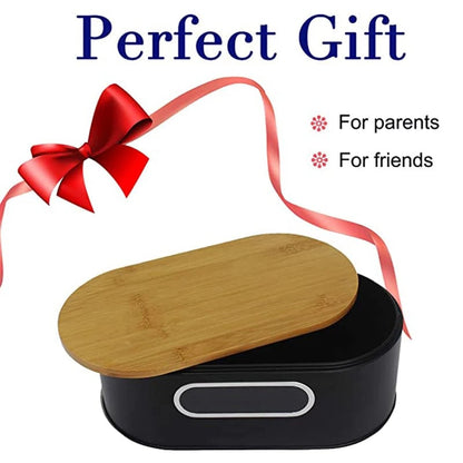 Large Black Bread Box with Bamboo Lid Cutting Board Kitchen Storage