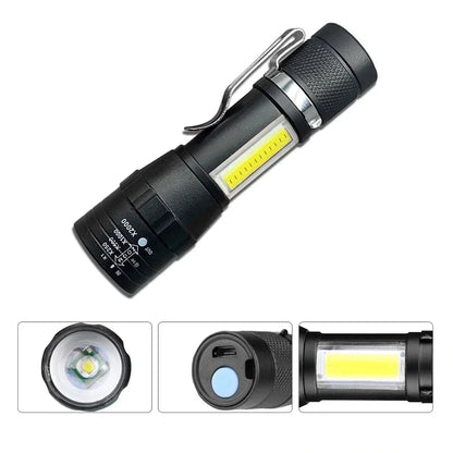 USB Rechargeable Mini Flashlight COB+XPE LED 3-Mode Zoomable Torch
