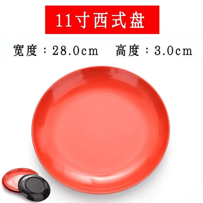 Round Red Melamine Plate - Durable Plastic Self-Service Tableware