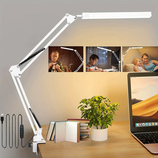14W LED Desk Lamp Eye-Care Metal Swing Arm 3 Color Dimmable Clamp