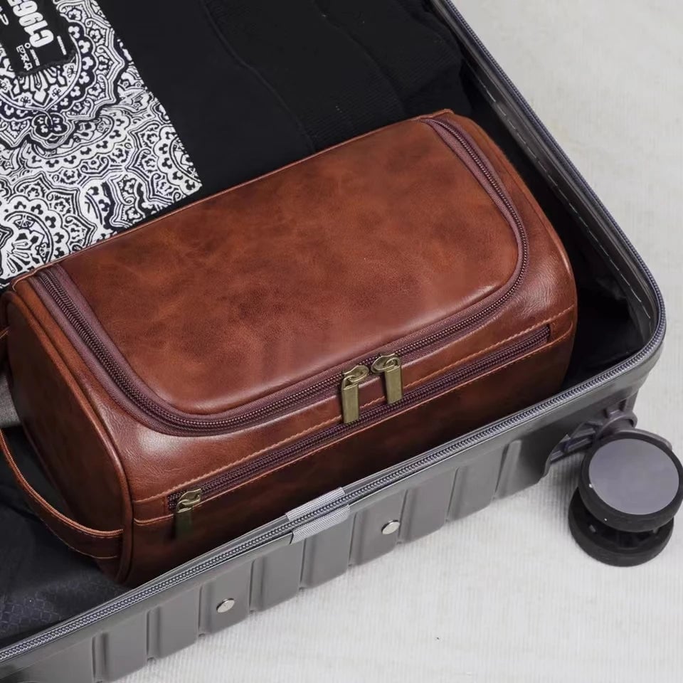 Large Hanging Leather Toiletry Bag - Travel Dopp Kit Men Women